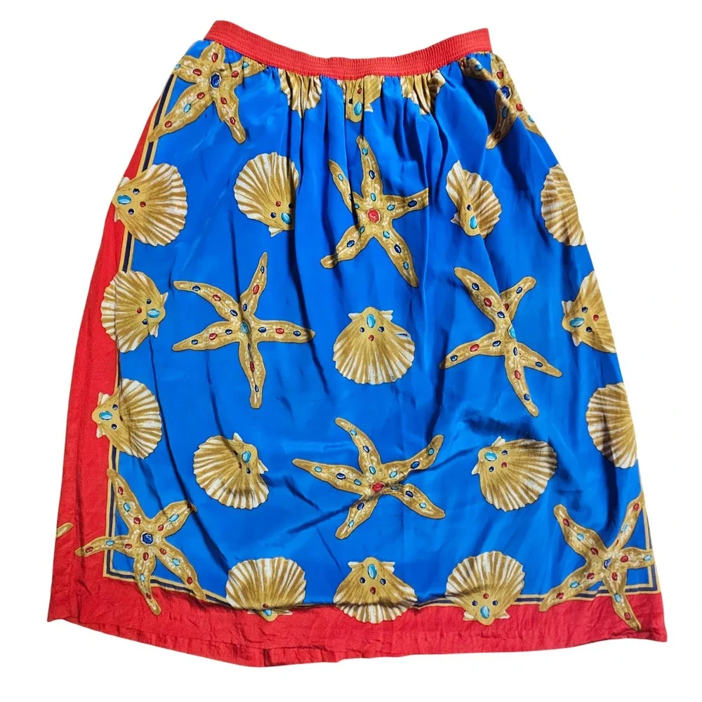 Vintage Anne Crimmins Silk Sea Shell Starfish Print Midi Skirt 27 Mermaidcore‎